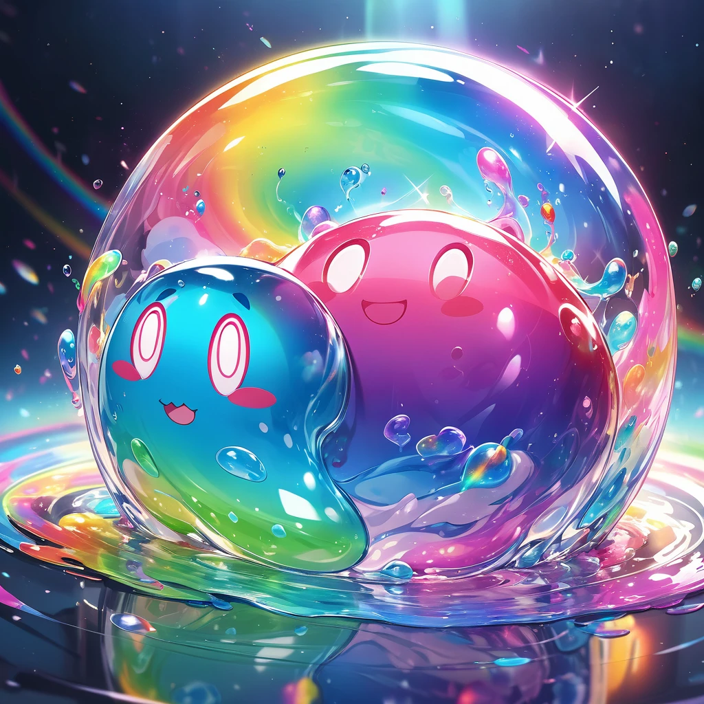 Slime, A tiny nucleus that shines in a fantastic rainbow of colors,Completely melted jelly fusion, Very transparent material, High viscosity, Elasticity due to surface tension, Holographic sparkle reflections, Create an engaging impression on your audience