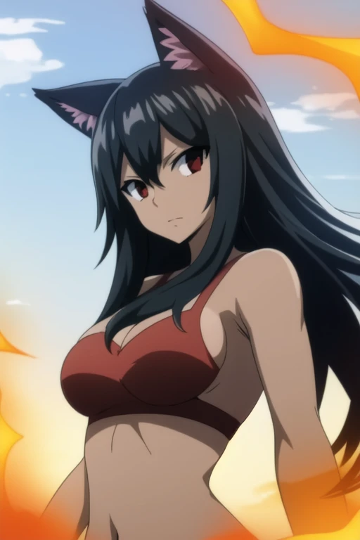 masterpiece, best quality, sketch, 1girl, solo, looking at viewer, upper body, , (watercolor illustration, soft pastel colors:1.1), , black hair, blood red eyes, fire eyes, tan skintone , black fur arms, half naked, fur bikini, hellhound, High definition, fairy_tail_style,