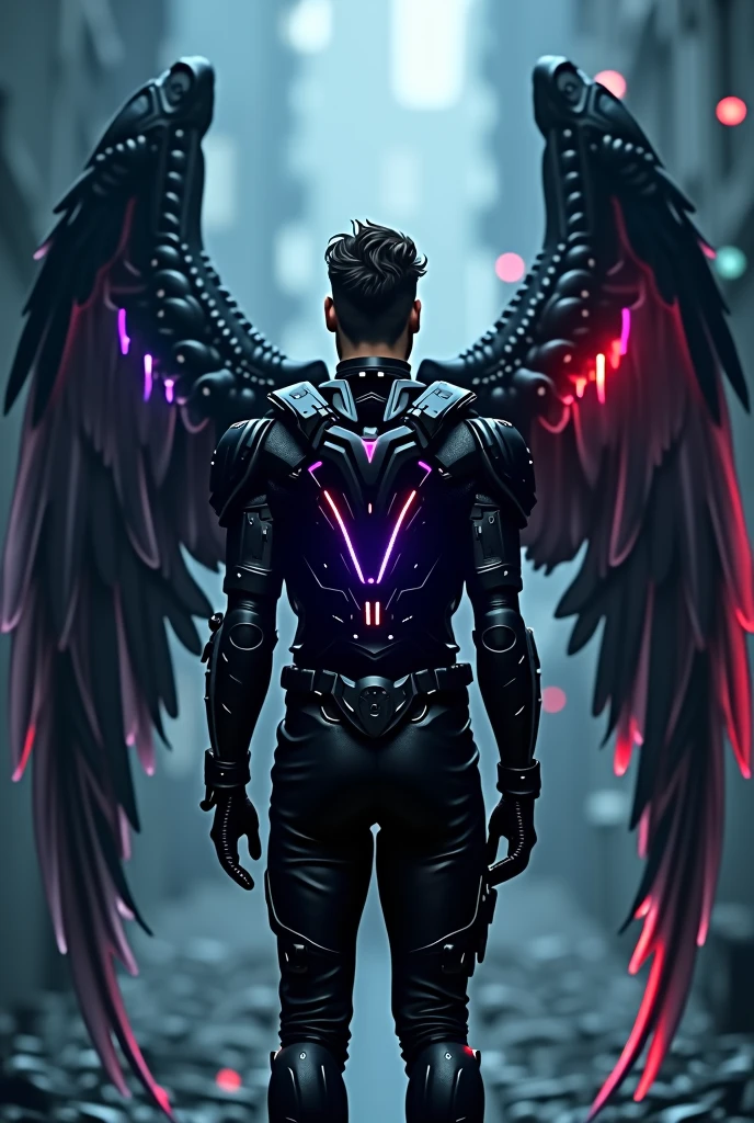 A man stands with his back to the viewer, dressed in futuristic tactical gear. His outfit is a mix of modern tank designs and high-tech elements, mainly in black, with purple accents, silver, neon blau, and red. On his back, he has mechanical wings made of shiny metal, adorned with neon lights that glow in blue and red. The wings are elaborately designed, with a touch of futuristic technology. The man is wearing a hood, which is pulled low over his head, keeping his face hidden in the shadow. The scene is dark and mysterious, with a slightly futuristic shimmer from the neon lights. The wings are reminiscent of angel wings and are retracted. The wings are bigger than the man