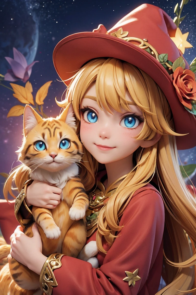 an animated character with here cat. in the fantasy forest, warm tone color , mythology clothing , hat, flowers vine, wise colorful eyes,  fantsy sky, flowers, shining star, Happy face feeling, magical mood and tone.