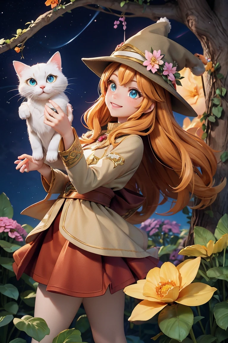 an animated character with here cat. in the fantasy forest, warm tone color , mythology clothing , hat, flowers vine, wise colorful eyes,  fantsy sky, flowers, shining star, Happy face feeling, magical mood and tone.