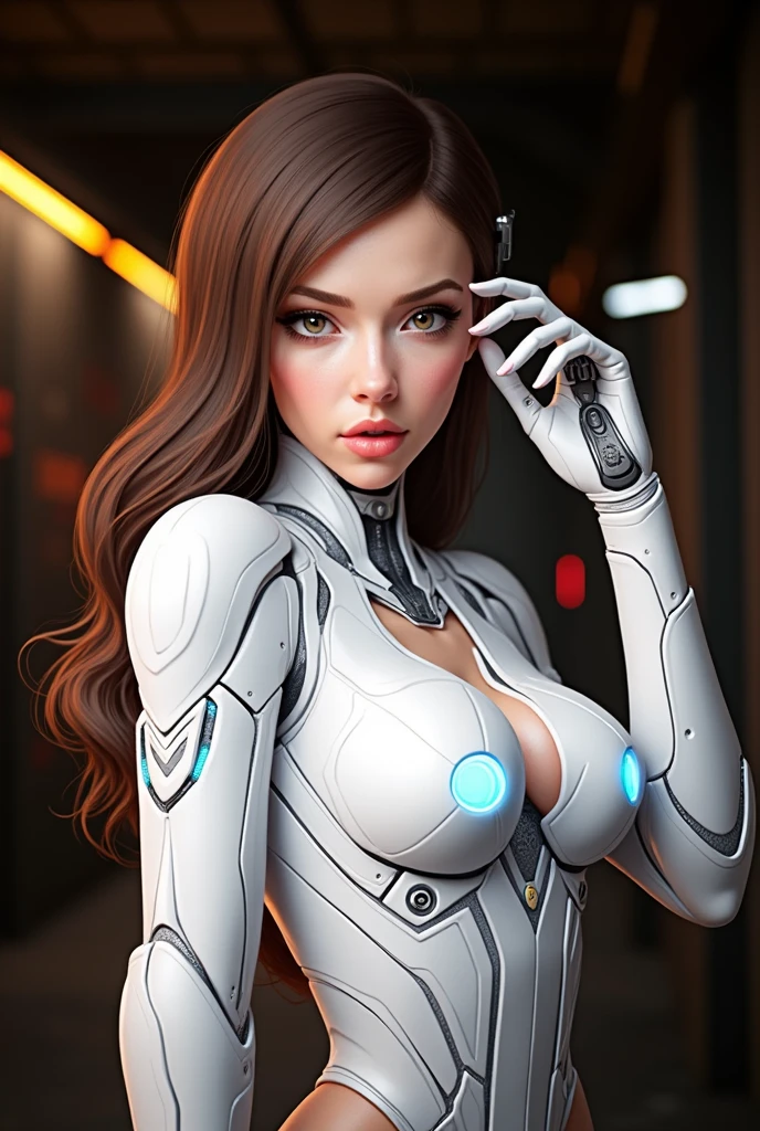 a woman in a futuristic suit with a glowing head and chest, cyberpunk art inspired by Marek Okon, cgsociety contest winner, digital art, gynoid cyborg body, girl in mecha cyber armor, cyber suit, cybersuit, in white futuristic armor, cybersuits, diverse cybersuits, gynoid body, echo from overwatch, perfect anime cyborg woman