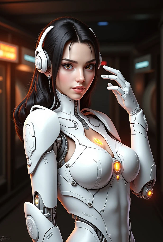 a woman in a futuristic suit with a glowing head and chest, cyberpunk art inspired by Marek Okon, cgsociety contest winner, digital art, gynoid cyborg body, girl in mecha cyber armor, cyber suit, cybersuit, in white futuristic armor, cybersuits, diverse cybersuits, gynoid body, echo from overwatch, perfect anime cyborg woman