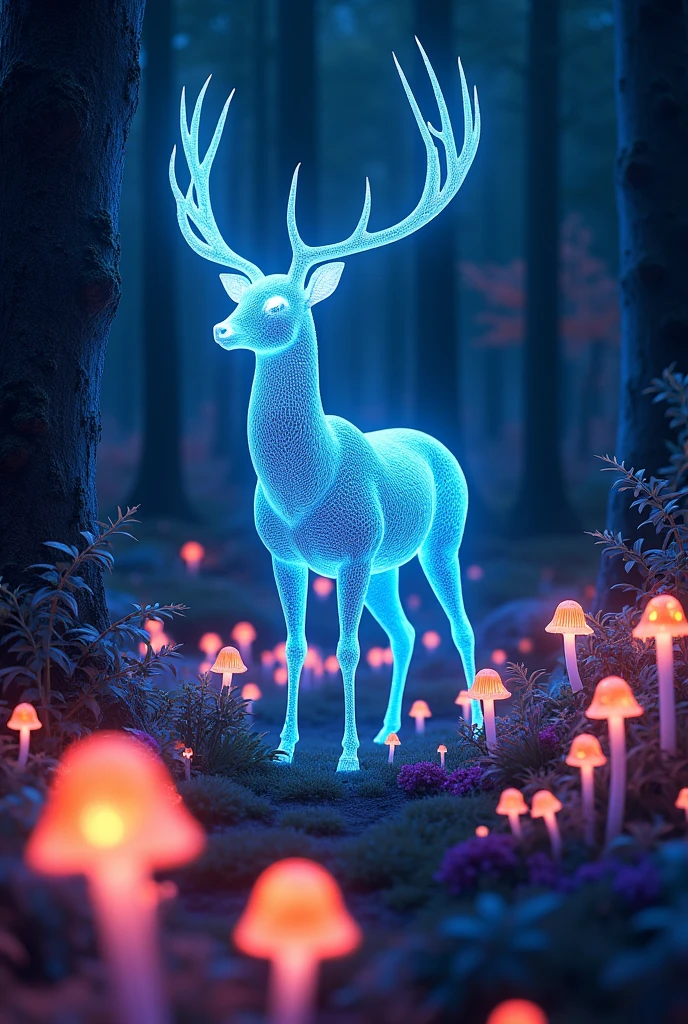 Glowing Bioluminescent Forest, luminous mushroom, Luminescent plants, Glowing bioluminescent flowers, Glowing bioluminescent deer, Very detailed, (Highest quality,4K,8k,High resolution,masterpiece:1.2),Very detailed,(Realistic,photoRealistic,photo-Realistic:1.37),Dramatic lighting,Vibrant colors,Structure of the film