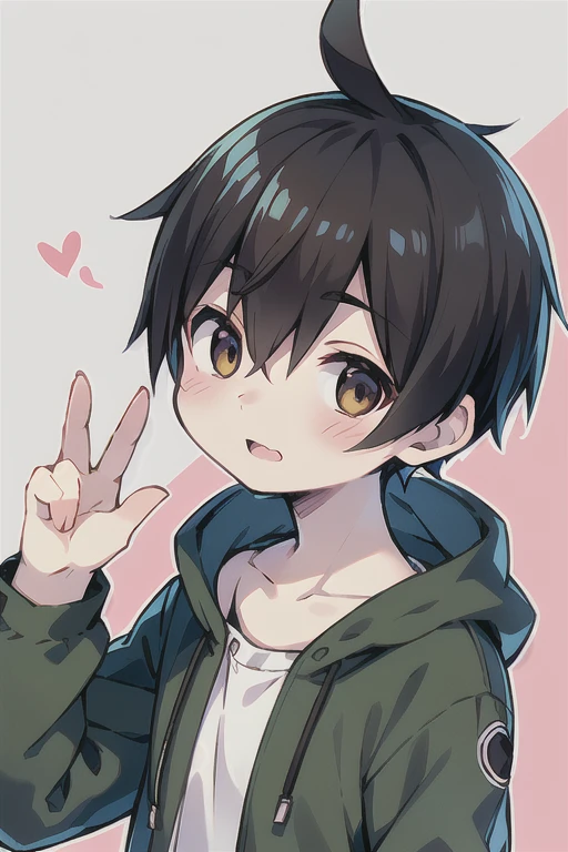 Highest quality, (high quality),eye highlights,arms are thin, thin body,face, from side,look at viewer,peace sin,droopy eyes,shy,blush,open your mouth and laugh,(((chilled boy))), (1 boy),(black hair),((very short  hair)),parka,heart background,