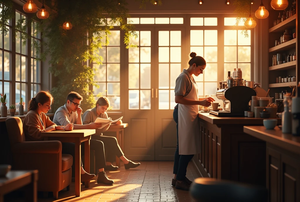 Cozy morning scene: A warm and inviting coffee shop with rustic wooden tables and plush armchairs. Soft golden light pours in through large windows, casting a comforting glow on the rich aromas of freshly brewed coffee. The barista, dressed in a crisp white apron, expertly crafts a velvety latte as a few customers linger over their morning newspapers. Masterpiece, Masterpiece, super realistic