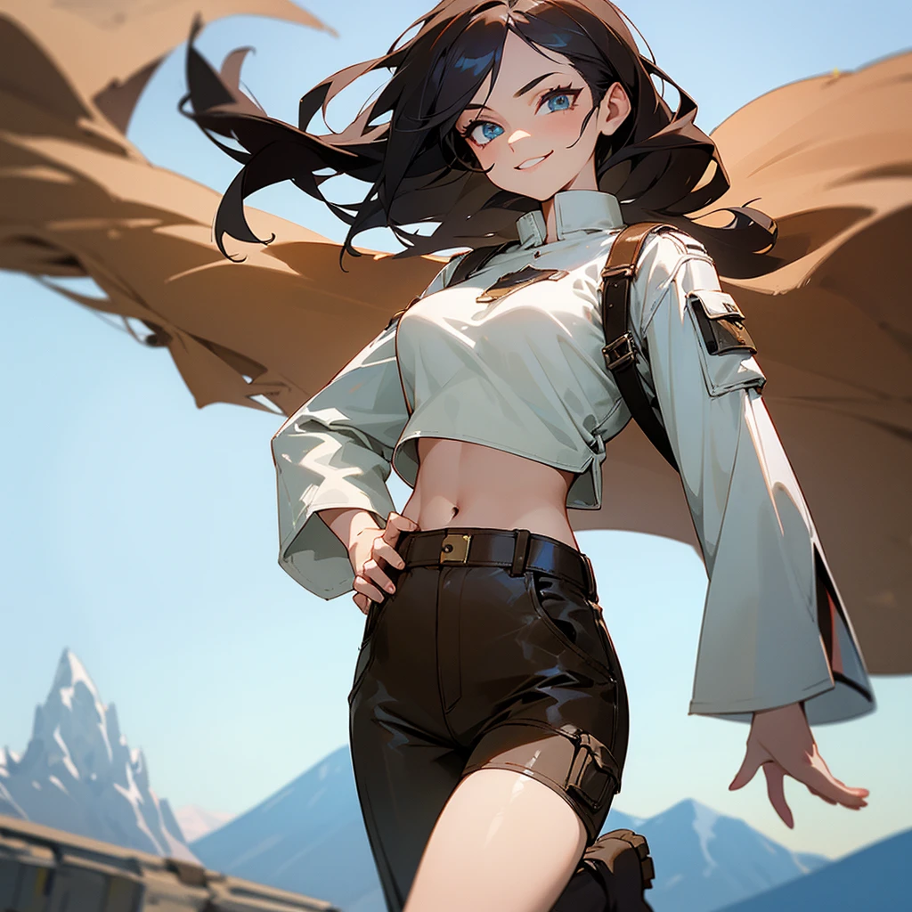 A female in her 20's wearing a leather chestplate white a white blouse as her inside shirt, showing her belly, she's wearing a pair of cargo pants and mountain boots and there's a knife on her hip, her eyes blue and her hair straight and brown, a smirk on her face.