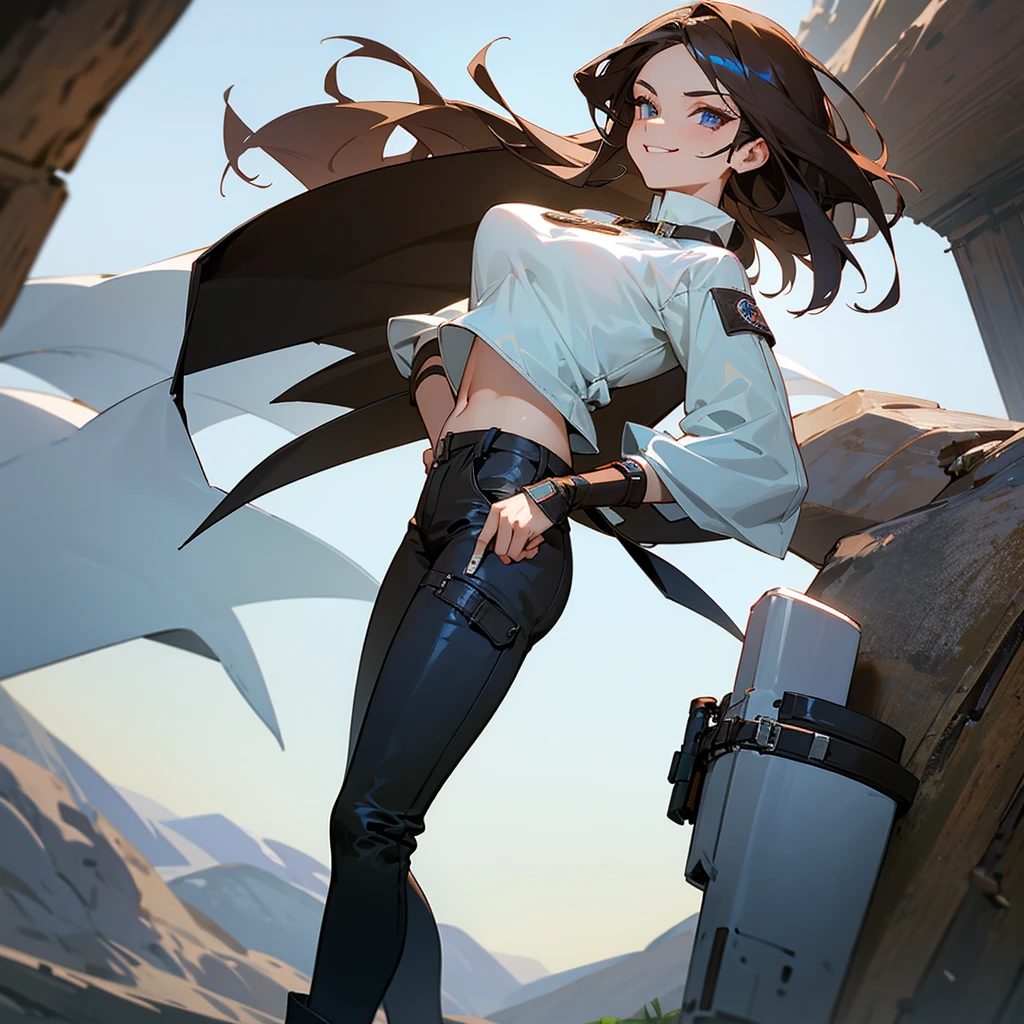 A female in her 20's wearing a leather chestplate white a white blouse as her inside shirt, showing her belly, she's wearing a pair of cargo pants and mountain boots and there's a knife on her hip, her eyes blue and her hair straight and brown, a smirk on her face.