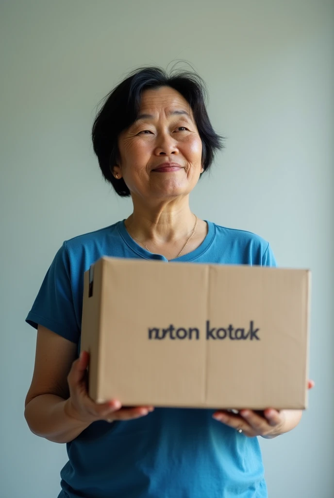 A 50 years old female teacher from Indonesia wearing blue t-shirt she look the brown empty box in the air there are big word "NONTON KOTAK" without translate in English, real pics high quality 