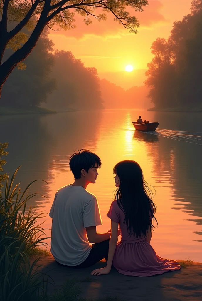 A man & woman , sitting on the river bank, Sunsets, the boat in river, black hair