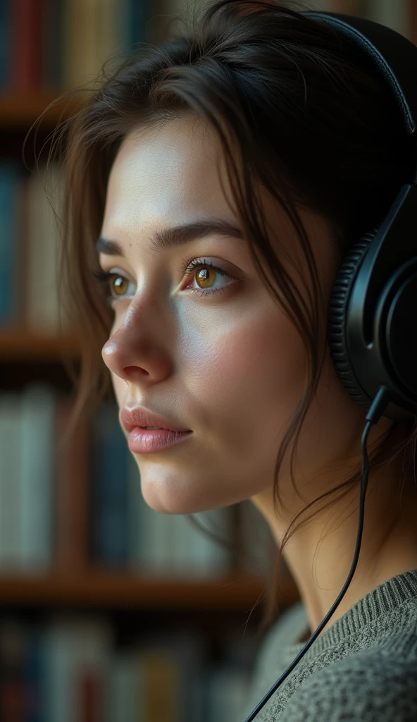 1 female, listening to music through headphones, bokeh, bookshelves background, close up shot, very alluring look,