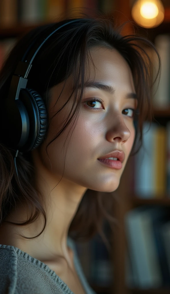 1 female, listening to music through headphones, bokeh, bookshelves background, close up shot, very alluring look,