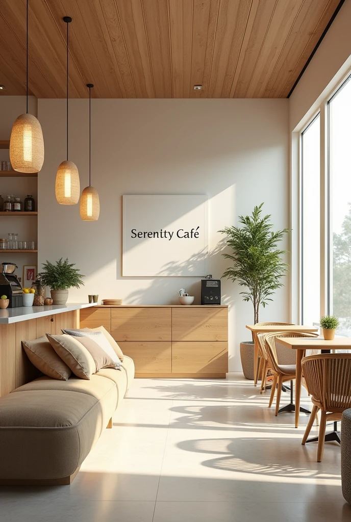 Interior building of a modern aesthetic and a light vibe of café emphasizing the name of the shop "Serenity Café."
