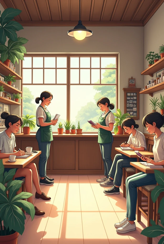The atmosphere inside the shop with a few employees and people sitting quietly working or drinking. Cartoon image