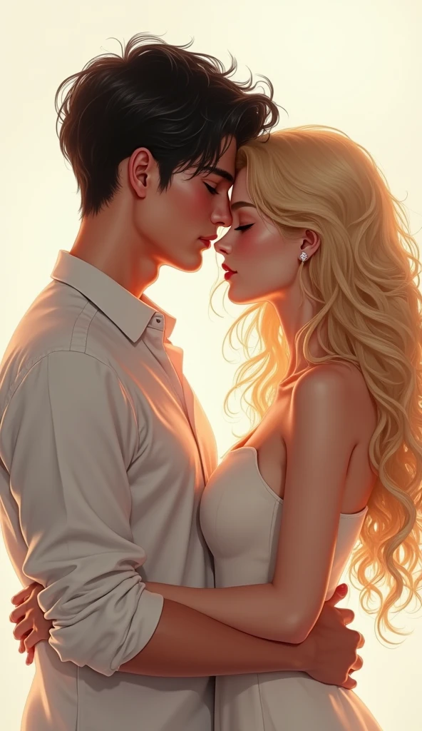Yes, the features of this image are detailed below:.

 - A digital art-style pictorial image of two young people
 - A blonde woman and a dark-haired man are depicted cuddling together.
 - The woman's hair is long and curly, creating a striking contrast between the blonde and black hair.
 - The man's hair is short and dark, and both men have calm expressions on their faces.
 - The background is a whitish color, and the illustration's taste is as if the light is shining on the subject.
 - Overall, a delicate and sophisticated digital art style finish
 - The facial expressions and postures of the two people give the impression of an intimate relationship.
