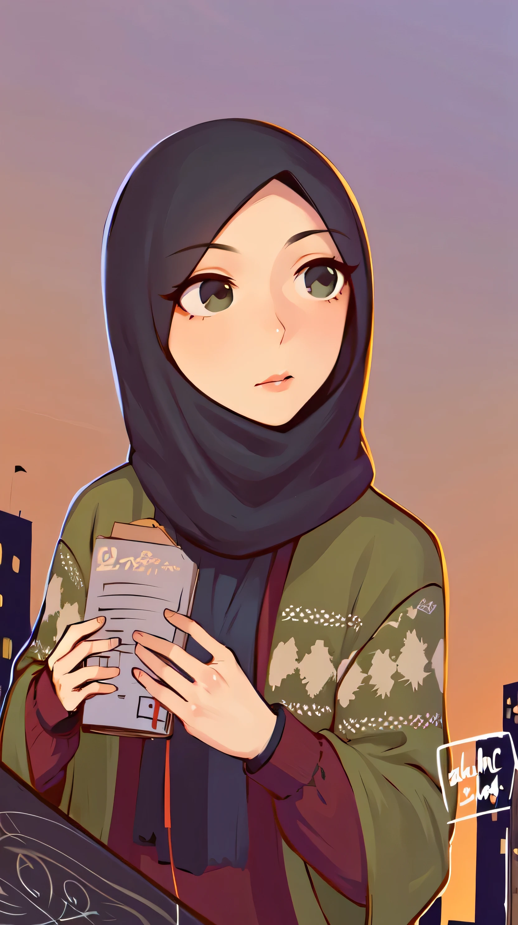 muslim woman in hijab holding a book in front of a city skyline, urban girl fanart, artwork in the style of guweiz, in an anime style, by Naza, by Ei-Q, high quality fanart, inspired by Fathi Hassan, in anime style, lofi portrait, 🤤 girl portrait, detailed fanart, inspired by Shaddy Safadi, with sunset