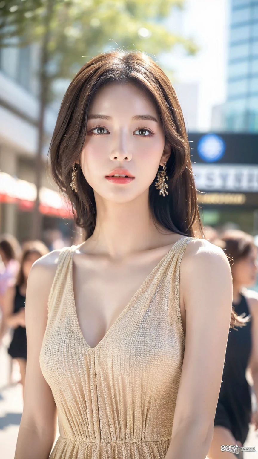 ((Best quality, 8k, masterpiece:1.3))，1girl，1，Asian，Real texture:1.3，(Background blur:1.3)，Dress，shopping mall，Tall and slender figure:1.2，(Hot summer weather)，Highly detailed face and skin textures，Exquisite eyes，Long eyelashes，Double eyelids，Skin Whitening，happy，Beautiful breasts