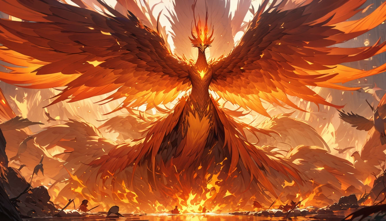 Phoenix,(shinning eyes), fired-leathers floating everywhere, huge bird, birth in fire, many parts of birds cobine ,golden fire,spread wings , highres,ultra detailed,best quality,masterpiece