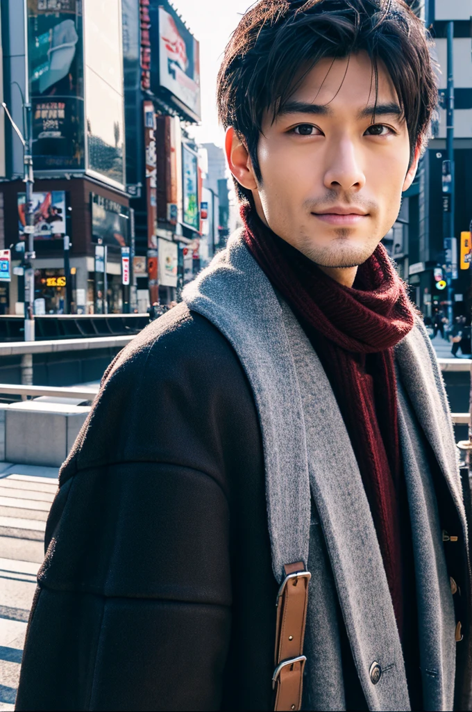 Photorealistic, 8K full-body poster, Handsome, Japanese, 2 male, Attractive look, Detailed facial details, Tokyo, Winters, Shibuya in the background