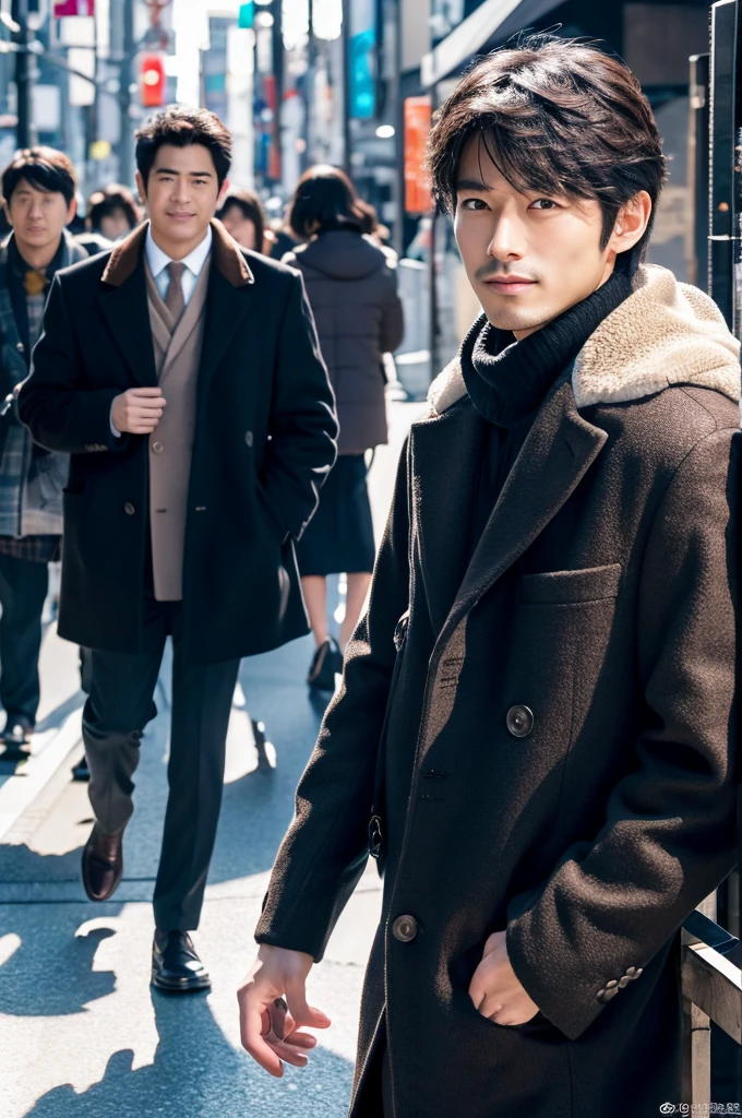 Photorealistic, 8K full-body poster, Handsome, Japanese, 2 male, Attractive look, Detailed facial details, Tokyo, Winters, Shibuya in the background