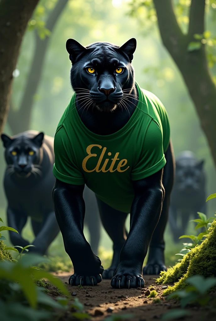 A STRONG BLACK PANTHER WITH A GREEN SHIRT WITH THE NAME ELITE SHE IS IN A FOREST AND BEHIND HER THERE ARE OTHER PANTHERS AND THERE IS ALSO A PANTHER WITH THE NAME PANTHER BAND 