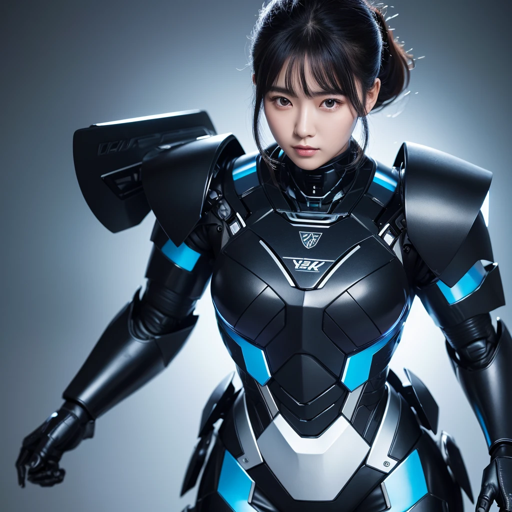 Highest quality,masterpiece,Ultra-high resolution, Very detailed, 8k,Beautiful 2 Japanese woman:1.5,Black Hair、 (Black and blue robot suit, Plump, Slightly thicker)