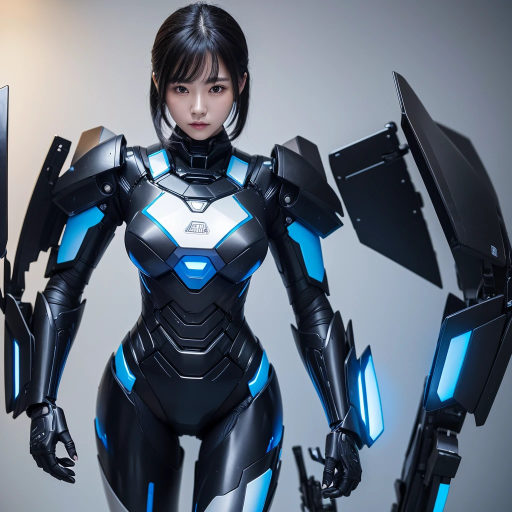 Highest quality,masterpiece,Ultra-high resolution, Very detailed, 8k,Beautiful 2 Japanese woman:1.5,Black Hair、 (Black and blue robot suit, Plump, Slightly thicker)