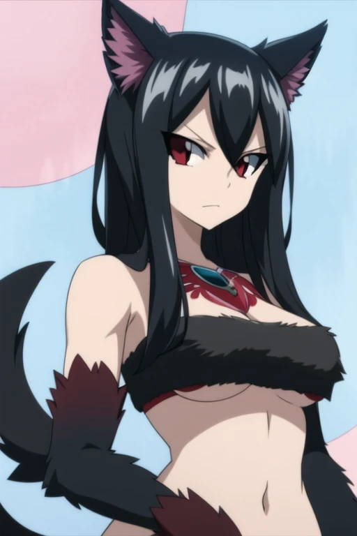 masterpiece, best quality, sketch, 1girl, solo, looking at viewer, upper body, , (watercolor illustration, soft pastel colors:1.1), , black hair, blood red eyes, fire eyes, tan skintone , black fur arms, half naked, fur bikini, hellhound, High definition, fairy_tail_style, 