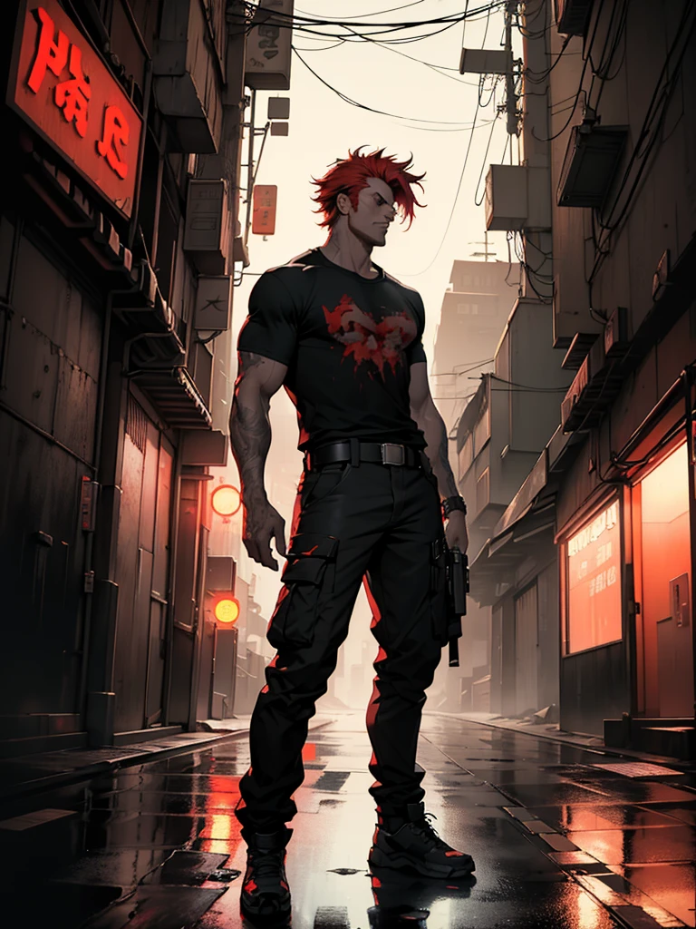 a tall muscular man with red messy hair and red eyes, wearing a tight t-shirt and cargo pants, standing on a dark tokyo street at night, gun on his belt, highly detailed. Young guy. Handsome guy.High detail. Attention to detail. High image quality. Portrait. NOT FULL LENGTH