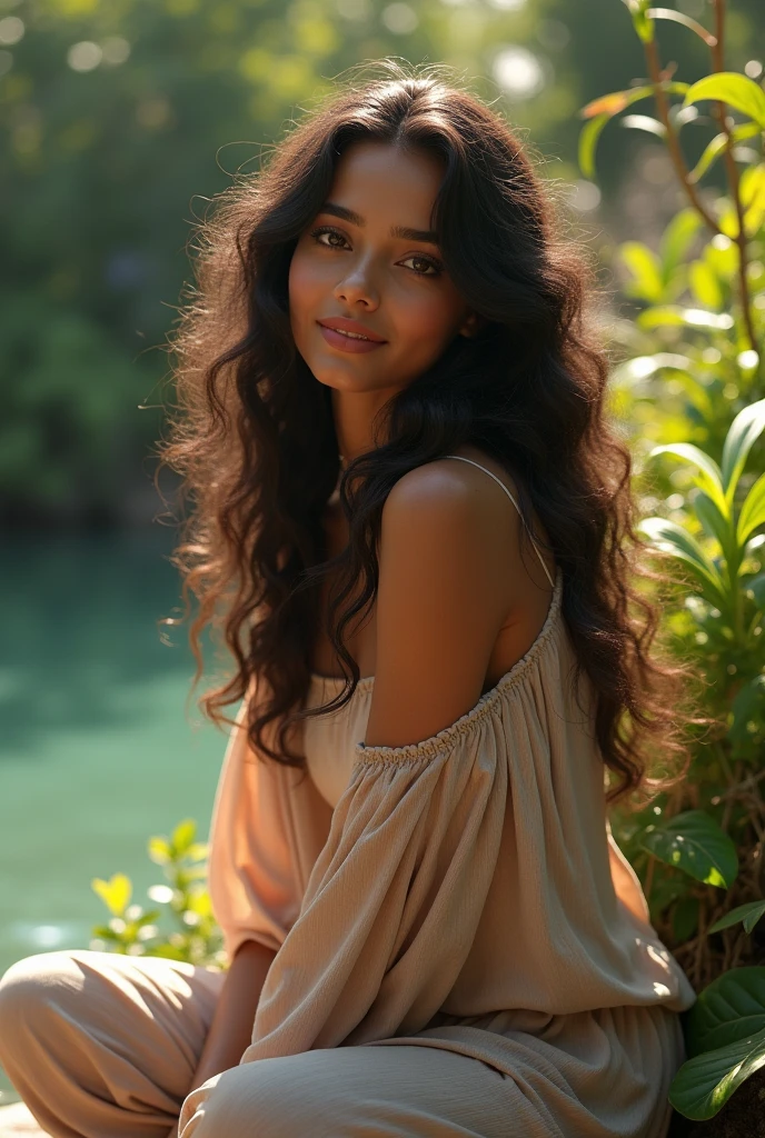 (photorealism:1.2), beautiful Indian woman,white skin tone sitting near a river, wearing loose off-shoulder top, pajama pants, long curly hair, outdoors, soft lighting, plants in background, sunlight, relaxed pose, realistic, intricate details, cool colors