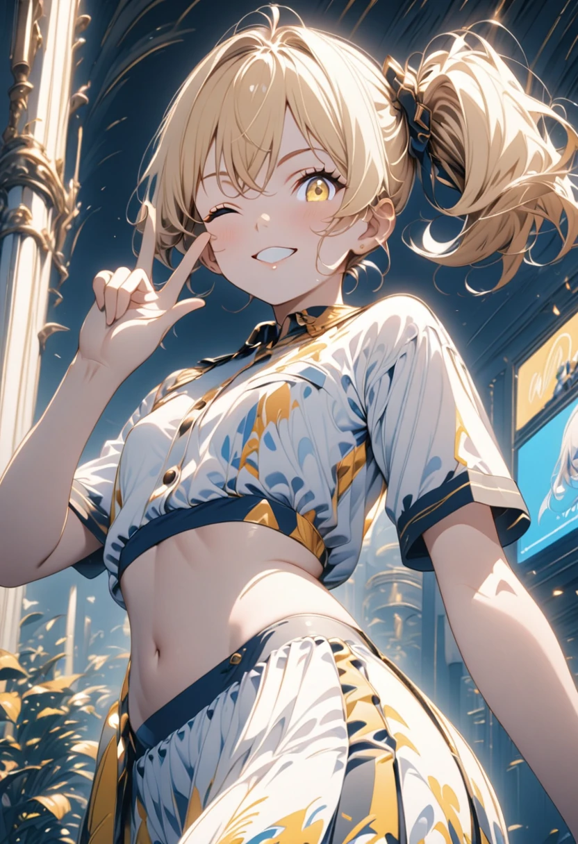 (master piece),(best quality),(ultra detailed),２D anime,One Woman:1,(15yo girl:1),(side ponytail:1),(gold hair, white inner hair:1),(yellow eye:1),small breasts, midriff peek:1, (from below:1),(cowboy shot), (look at viewer), (peace fingers), (standing), (one eye closed),
