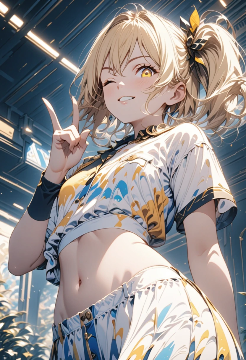 (master piece),(best quality),(ultra detailed),２D anime,One Woman:1,(yo girl:1),(side ponytail:1),(gold hair, white inner hair:1),(yellow eye:1),small breasts, midriff peek:1, (from below:1),(cowboy shot), (look at viewer), (peace fingers), (standing), (one eye closed),