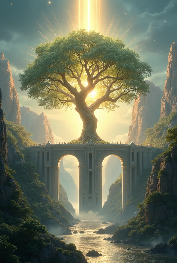 A square city, beautiful as elves, A very beautiful view from afar that represents the new Jerusalem, with the tree of life in the center that divides its trunk in two like a bridge and in the middle crosses the river of life and behind the glory of the throne of God