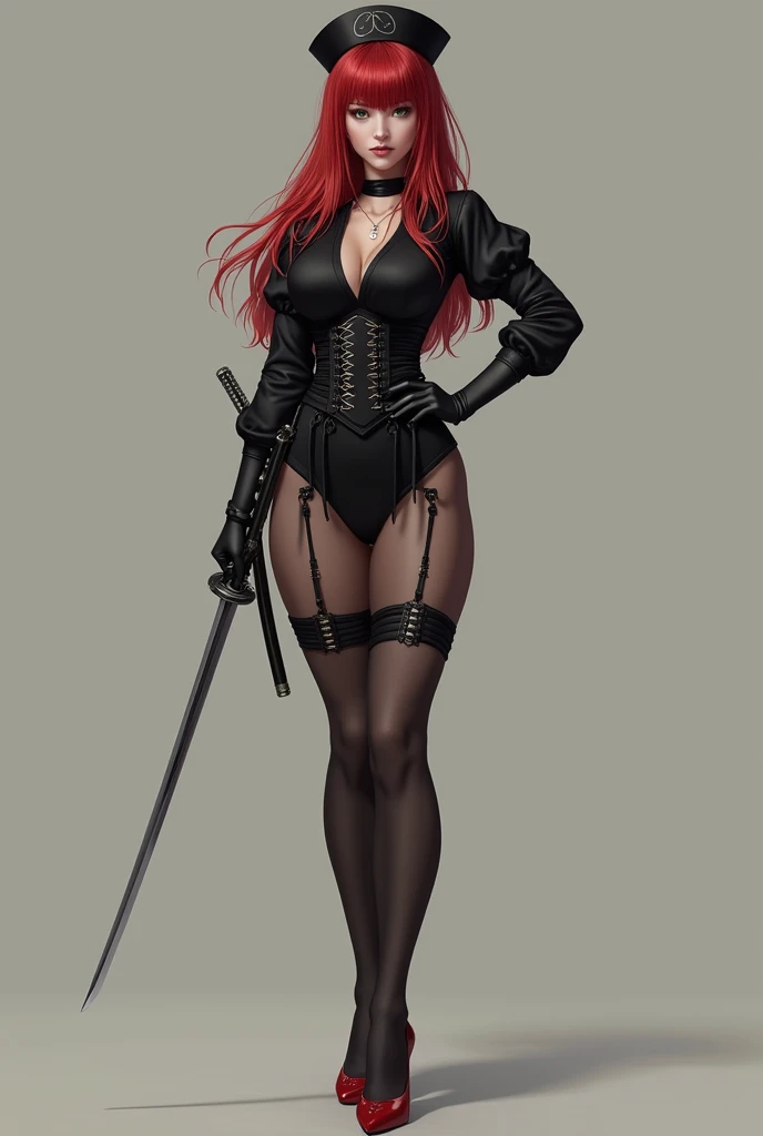 Super realistic, High Detail Face, Clean and delicate face, 1 lady, full body, black high cut leotard, black puff sleeves shirt, Black leather waist belt with accessory case, garter belts, black stockings, red stiletto heels, black gloves, Plain black nurse cap, Reddish long hair, blunt bangs, green eyes, iai stance, battōjutsu, a Japanese katana, whole body, glaring at the viewer, simple color background