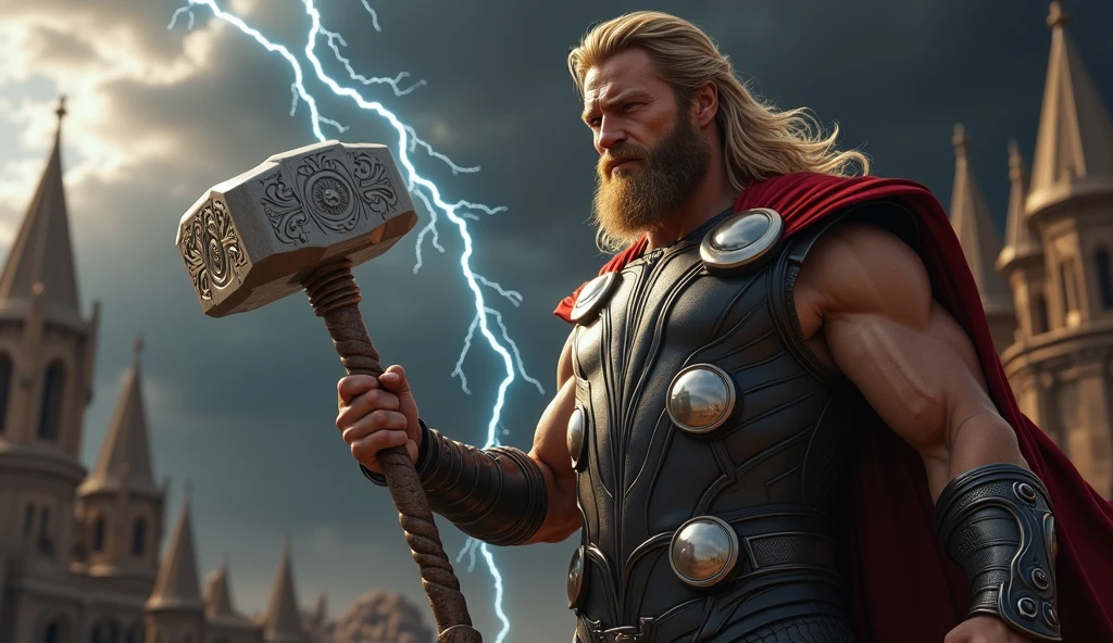 1850's Marvel Avengers character, thor , vintage thor dress, realistic, realistic character, vintage, vintage character, vintage background, male, asgard in background, highly detailed, extremely detailed, 8k, masterpiece, ultra-detailed, photorealistic, hdr, studio lighting, physically-based rendering, extreme detail description, vivid colors, dramatic lighting, cinematic, epic, thor with mjolnir, thunder, lightning striking, angry thor, mjolnir creating thunderstorm and lightning