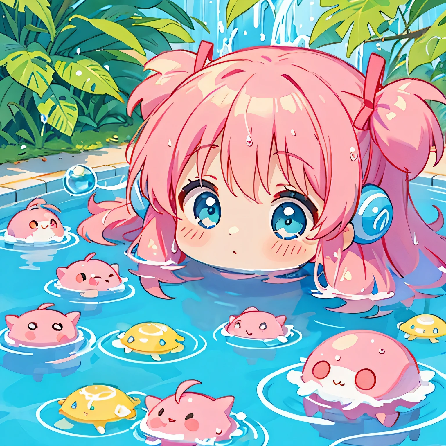 Momoko Sakura colorful style, Kawaii Design, solo, most beautiful girl ever、chibi, (((Water Play))), Cute Aliens