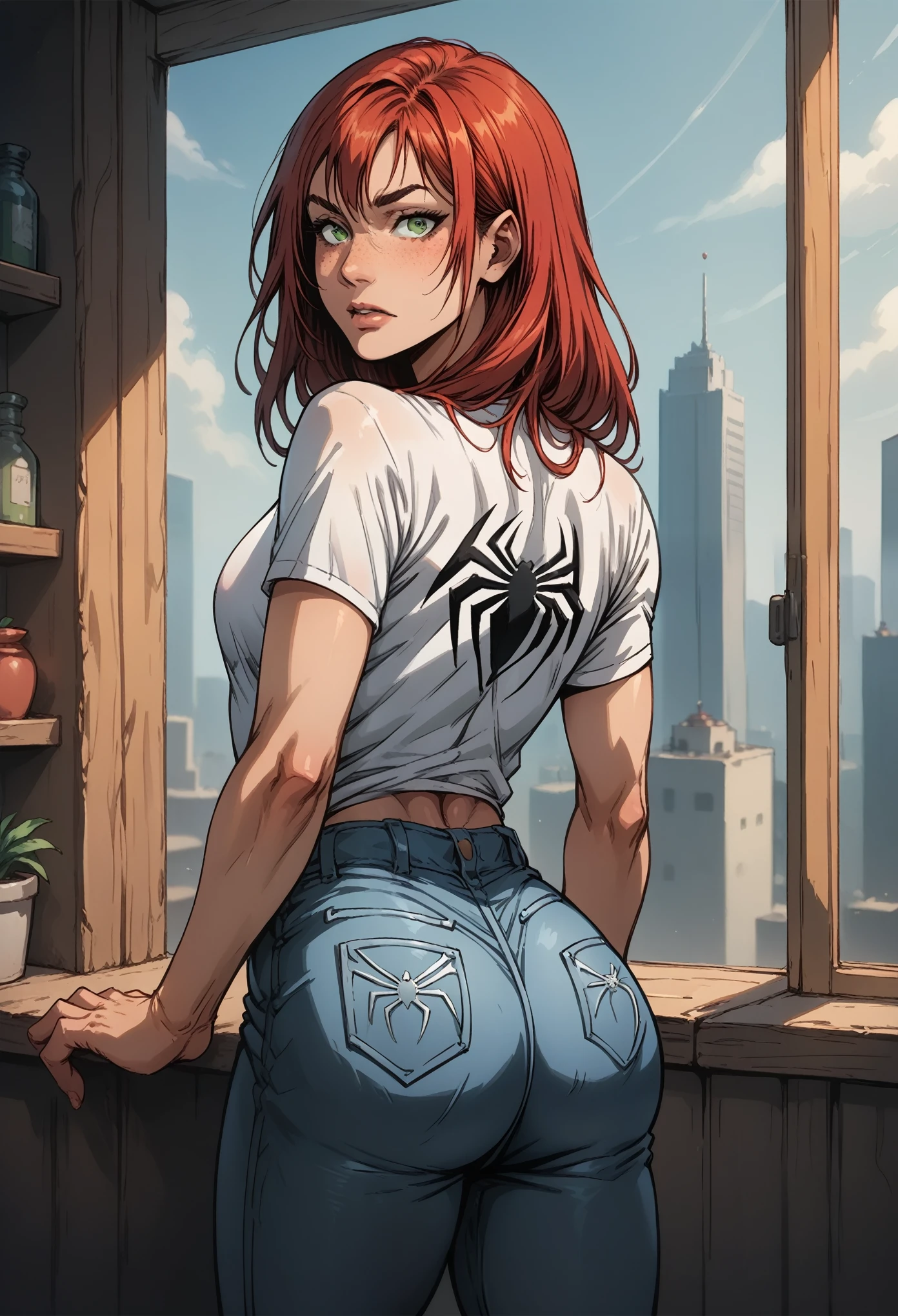 score_9, score_8_up, score_7_up, BREAK, score_9, MJW, long hair, freckles, green eyes, red hair, white shirt with spiderman logo, spiderman logo, short sleeves, jeans pants, looking at viewer, cowboy shot, ass, from behind, bedroom