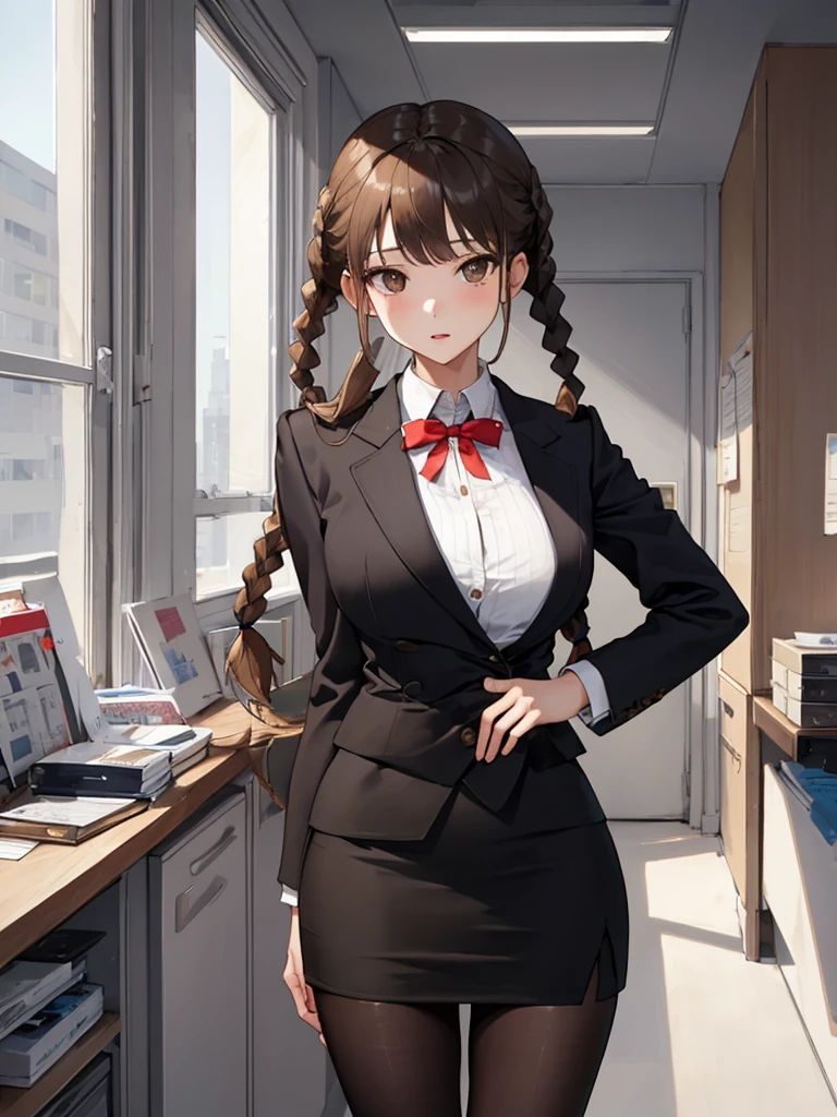 nsfw1.1 masterpiece, best quality, 1 girl, solo, teenager, large breasts, light brown eyes, bangs, brond hair, braids hair, office staff suit, jacket, pencil skirt, upper body, standing, office