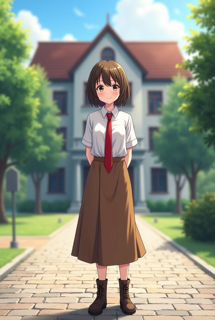 1 flat chested cute girl ,16 years, Tomboy , Short brown hair, Brown eyes, White uniform shirt, Red tie, brown maxi skirt, boots, free pose, looking at the camera, nice smile, stands on a cobblestone path to the three-story main building of the girls' academy in the background