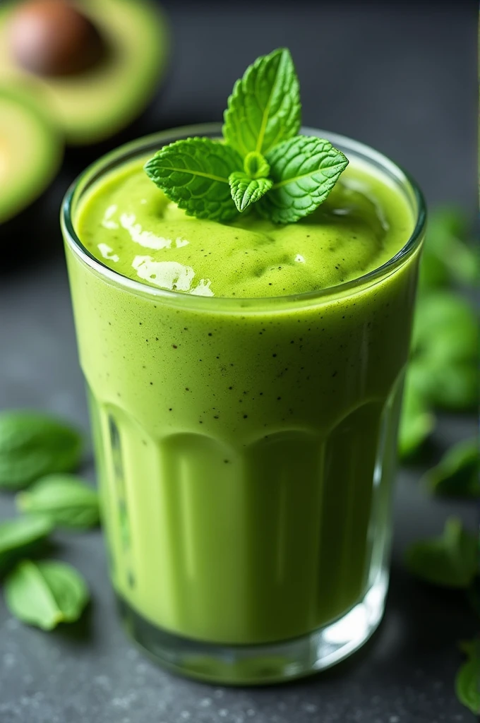 Smoothie verde: A close up of a green smoothie in a glass cup, decorated with mint leaves