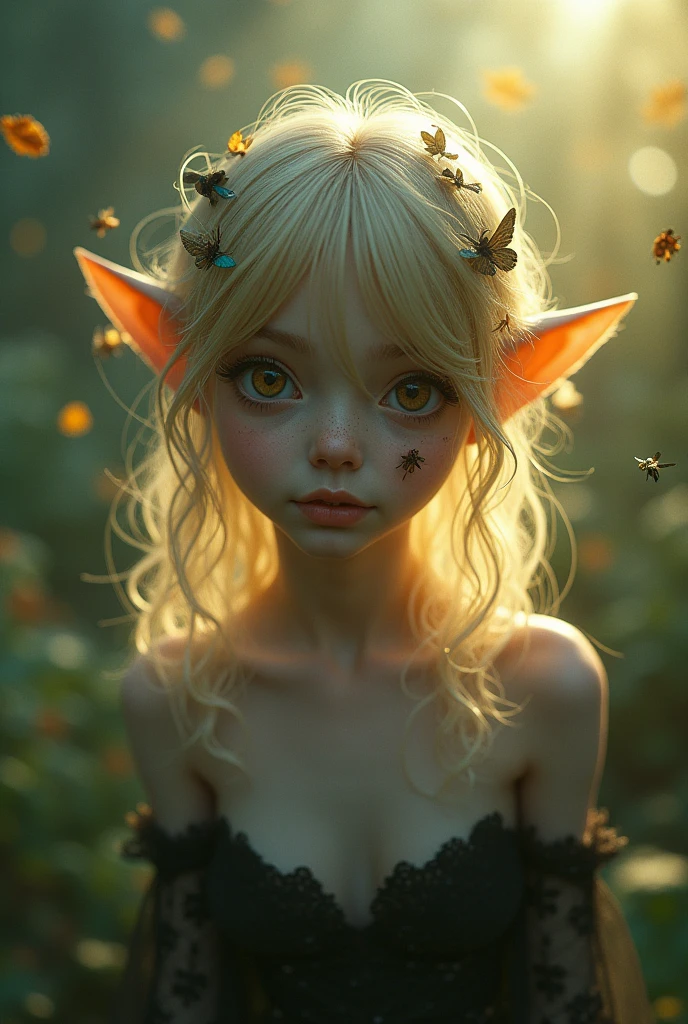 (Realystic:1.4), analog photo style, depths of field, (a blond-haired adult Pixie with different eyes), (small leaves and insects got tangled in wet hair), wide waist, (her full body is a visual pleasure), view from above, dark fantasy atmosphere, deep shadows with the some sun rays, a delicate balance between reality and fantastic, faded colours, great quality, Masterpiece, most detailed blurred surreal background, naturally cinematic light, 16k quality, kodak porta 400, bokeh.
