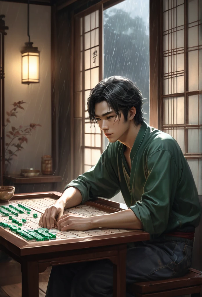 anime, sketch, Highest quality, masterpiece, so beautiful, Perfect composition, Intricate details, Very detailed, B&in,"Generate an image of a young man named Lee. He is sitting at a mahjong table with a calm and thoughtful expression, deeply focused on his next move. The room is dimly lit, and rain can be seen through a nearby window, casting a soft, reflective light on his face. The overall atmosphere should be tense and introspective, highlighting Lee's strategic mindset."