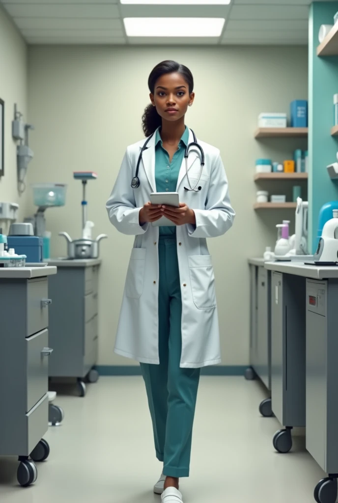 Slim black woman in typical veterinary outfit wearing veterinary accessories in a veterinary clinic setting with a veterinary theme