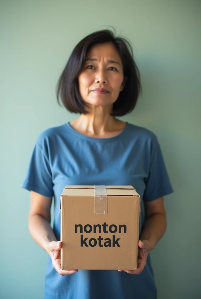 A 50 years old female teacher from Indonesia wearing blue t-shirt she look the brown empty box in the air there are big word "NONTON KOTAK" without translate in English, real pics high quality