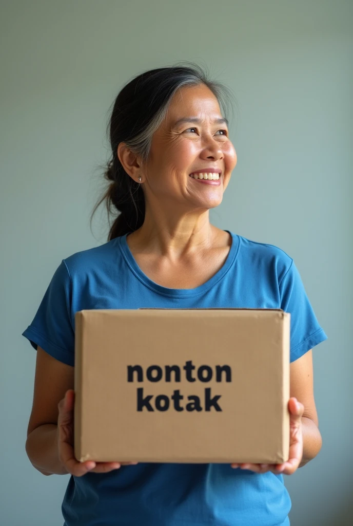 A 50 years old female teacher from Indonesia wearing blue t-shirt she look the brown empty box in the air there are big word "NONTON KOTAK" without translate in English, real pics high quality 