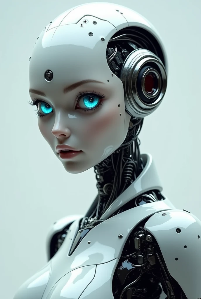 (photorealism:1.2),robot with feminine curves and stylized face looking with realistic intense blue eyes, staring at the camera, bizca