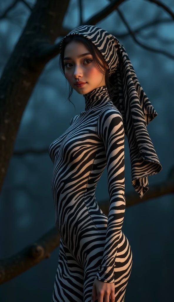 The beautiful,slender thin and clever asian muslimah ager girl with beautiful shiny cheeks wears plains zebra print lycra turtleneck unitard catsuit covered with stripes and plains zebra print lycra elastane stretchy dancewear chiffon hijab covered with stripes.She is active when she sits on the tree at night.