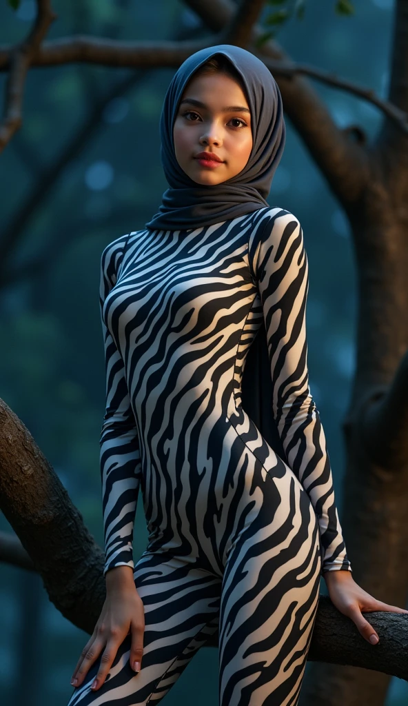 The beautiful,slender thin and clever asian muslimah teenager girl with beautiful shiny cheeks wears plains zebra print lycra turtleneck unitard catsuit covered with stripes and plains zebra print lycra elastane stretchy dancewear chiffon hijab covered with stripes.She is active when she sits on the tree at night.
