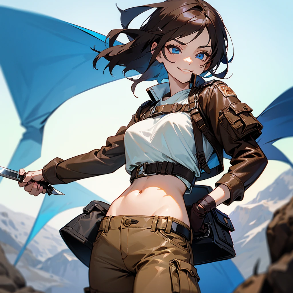 A female in her 20's wearing a leather chestplate and a white blouse as her inside shirt, showing her belly, she's wearing a pair of cargo pants and mountain boots and there's a knife on her hip, her eyes blue and her hair straight and brown, a smirk on her face.