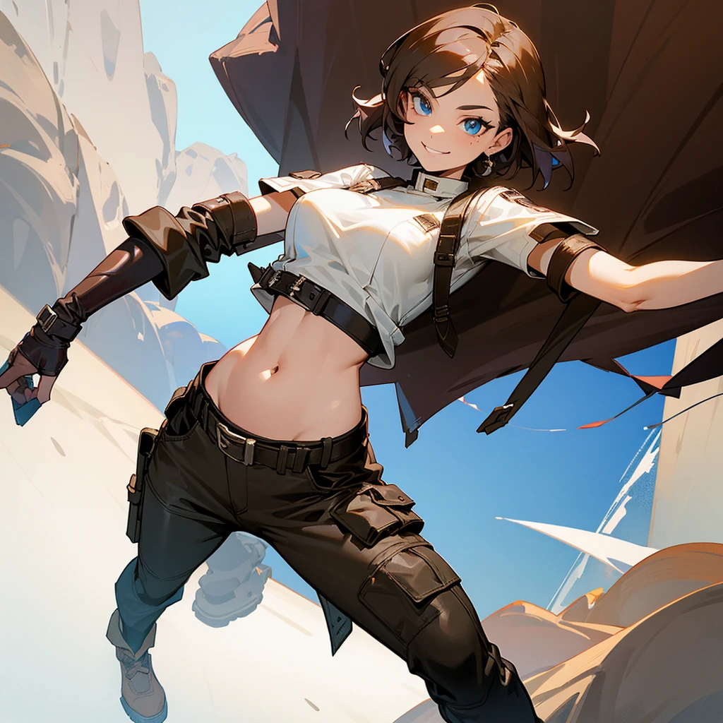 A female in her 20's wearing a leather chestplate and a white blouse as her inside shirt, showing her belly, she's wearing a pair of cargo pants and mountain boots and there's a knife on her hip, her eyes blue and her hair straight and brown, a smirk on her face.